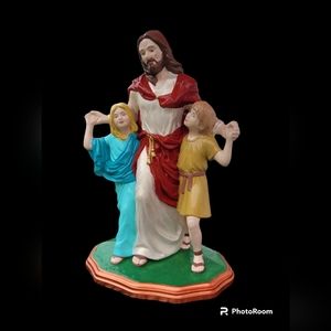 Vintage Jesus With Children Ceramic Statue Sculpture Hand Painted Religious